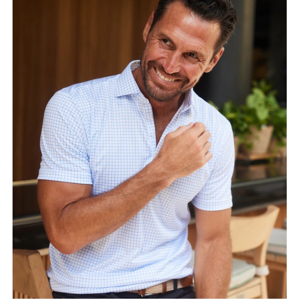 Collars & Co. Dress Collar Polo NWT Size Medium White Blue Check Short Sleeve - Picture 2 of 11